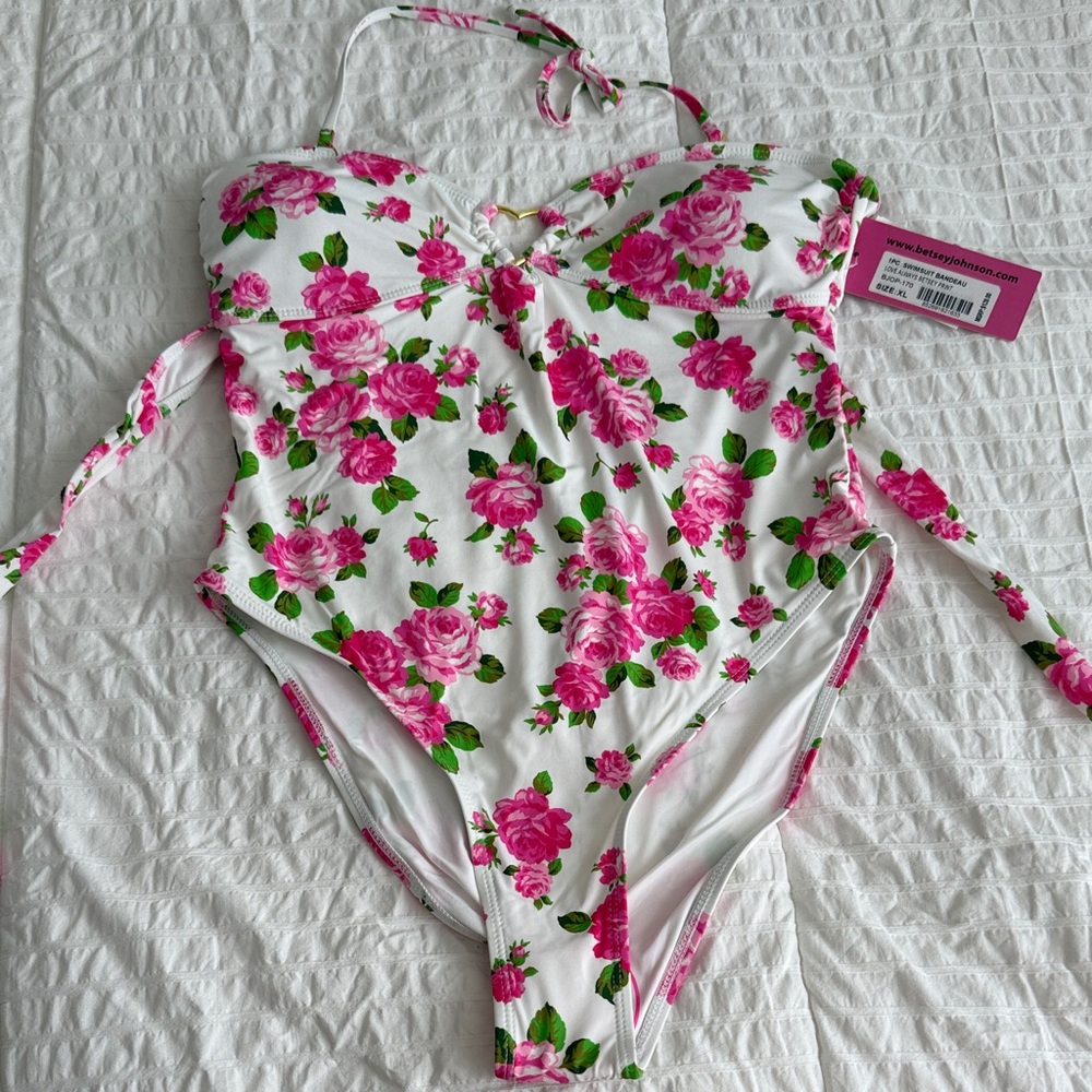 Betsey Johnson White One-Piece Swimsuit with Pink Rose Print